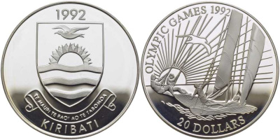 Кирибати 20 долларов 1992 XXV Олимпийские игры в Барселоне 1992 года, регата, яхта KM 17 серебро PROOF 1078-1-12