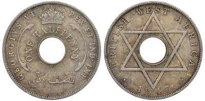Британская Западная Африка 1/2 пенни 1947 H, Георг VI KM 18 медно-никель 25-1444