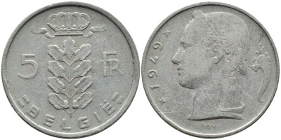Бельгия 5 франков 1949 Belgie, Леопольд III (1934-1951) KM 135.1 медно-никель 4391-1257