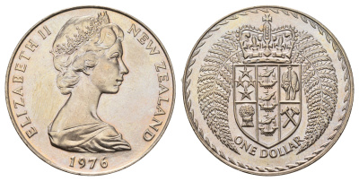 Новая Зеландия 1 доллар 1976 герб Новой Зеландии, Елизавета II (1952-2022) KM 38.2 медно-никель BU 74-313
