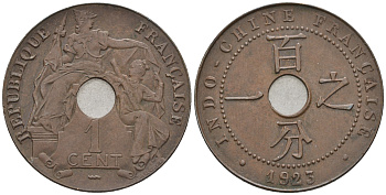 Французский Индокитай 1 цент 1923 р KM 12.3 бронза XF-UNC 1524-132