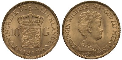 Нидерланды 10 гульденов 1917 Вильгельмина KM 149 золото UNC 00-000-00