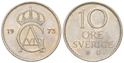 Швеция 10 эре 1973 U, Густав VI Адольф (1950-1973) KM 835 медно-никель UNC 220-1132