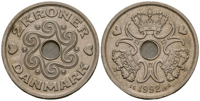 Дания 2 кроны 1992 Маргрете II (1973 - 1988) KM 874 медно-никель 4176-536