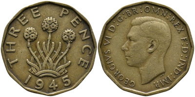 Великобритания 3 пенса 1945 Георг VI (1936-1952) KM 849, Spink 4112 никель латунь 4681-1045