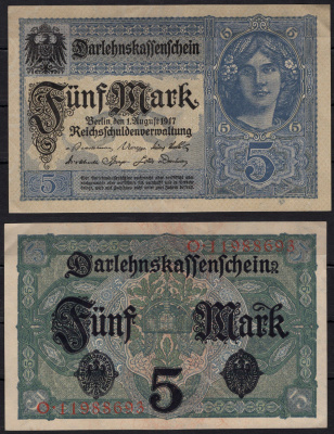 Германия 5 марок 1917 Pick 56b бумага 8602-41-3-1