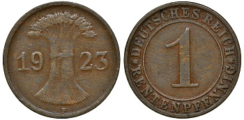 ГЕРМАНИЯ 1 РЕНТЕНПФЕННИГ 1923 F KM 30, J. 306 бронза 72-1121