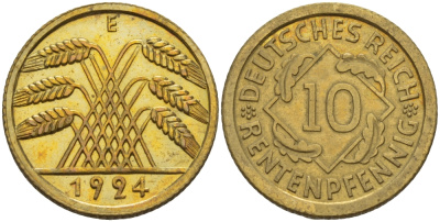 Германия 10 рентенпфеннигов 1924 E J. 309, KM 33 алюминиевая бронза PROOF 00-817-18