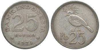 Индонезия 25 рупий 1971 год тип, венценосный голубь KM 34 медно-никель 4118-222