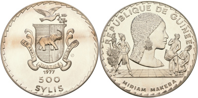 Гвинея 500 сили 1977 Мириам Макеба, певица, тираж 500 экземпляров KM 46 серебро PROOF 00-815-42