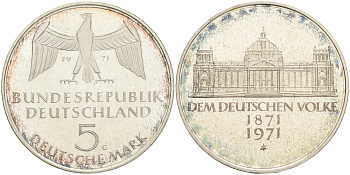 ФРГ 5 марок 1971 G, 100 лет основания Германской Империи KM 128.1, J. 409 серебро PROOF 02-265-56