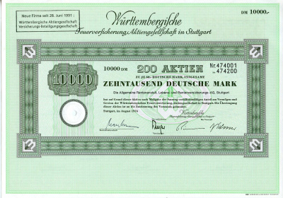 ФРГ 10000 марок 1974 Акционерное общество по страхованию от пожаров Вюртемберга, 200 акций   бумага   8803-40-1