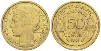 ФРАНЦИЯ 50 САНТИМОВ 1941 ТИП MORLON KM 894.1, LE FRANC 192.18 алюминиевая бронза 44-536