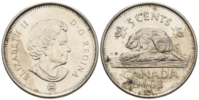 Канада 5 центов 2008 Елизавета II (1952-2022), бобер KM 491 сталь плакированная никелем 4609-452