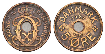 Дания 5 эре 1927 NCH, Кристиан X (1912-1947) KM 828 бронза 4700-813