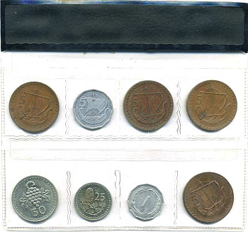 Кипр набор из 8 монет 1963-1980 в целлофане (5 милей 1974, 1977, 1978, 1980, 1, 2, 25, 50 центов), из оборота 5-4-3-71