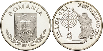 Румыния 100 леев 1996 XXVI Олимпийские игры 1996 года в Атланте, 100 лет Олимпийскому движению, стрельба, пробный выпуск, пифорт KM PnE 326 A серебро  PROOF 11-116-22