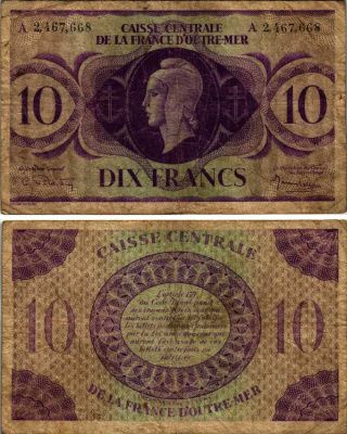 Французская Экваториальная Африка 10 франков 1944 серия А, CAISSE CENTRALE DE LA FRANCE D'OUTRE-MER Pick 16d  бумага   6352-42-1-1