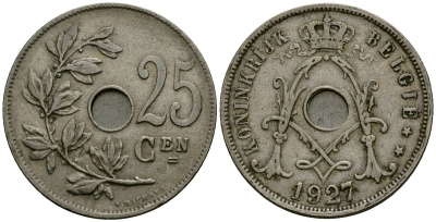 Бельгия 25 сантимов 1927 Belgie KM 69 медно-никель 4131-521