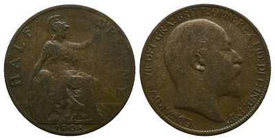 Великобритания 1 пенни 1908 Эдуард VII (1901-1910) KM 794.2, Spink 3990 бронза 261-943