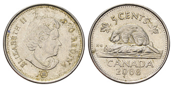 Канада 5 центов 2008 Leaf, Елизавета II (1952-2022), бобр KM 491 сталь плакированная никелем 4689-517