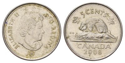 Канада 5 центов 2008 Leaf, Елизавета II (1952-2022), бобр KM 491 сталь плакированная никелем 4689-517