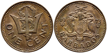 Барбадос 1 цент 1973 сломанный трезубец Британии KM 10 бронза 4396-1246