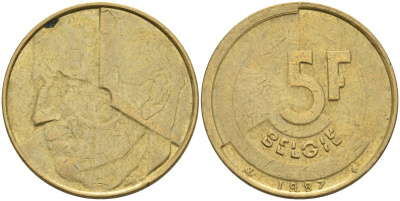 Бельгия 5 франков 1987 Belgie KM 164 алюминиевая бронза 4126-311