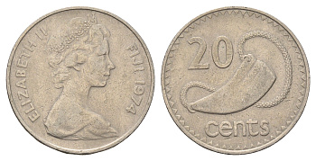 Фиджи 20 центов 1969 Елизавета II (1952-2022), китовый зуб KM 31 медно-никель 4698-1155