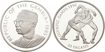 Гамбия 20 даласи 1993 Олимпийские игры 1992 года в Барселоне, борьба, тираж 40000 экз. KM 33 серебро PROOF 1098-1-24