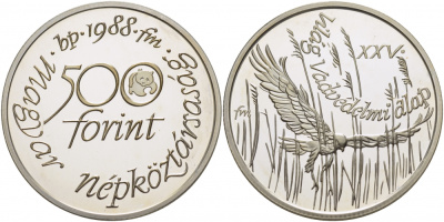Венгрия 500 форинтов 1988 фонд защиты дикой природы, лунь (ястреб) KM 661 серебро PROOF 01-146-33