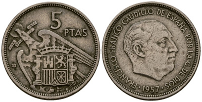 Испания 5 песет 1957 Франсиско Франко (1939 - 1975) KM 786 медно-никель 4177-856