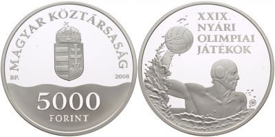 Венгрия 5000 форинтов 2008 Олимпийские игры, водное поло, тираж 14000 экземпляров KM 808 серебро PROOF 1074-6-21