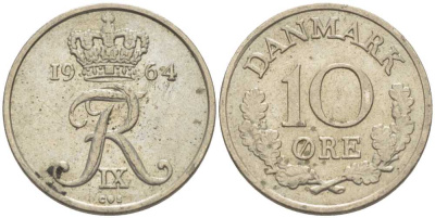 Дания 10 эре 1964 C; S, Фредерик IX (1947-1972) KM 849.1 медно-никель 4387-922