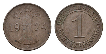 Германия 1 рентенпфенниг 1924 A KM 30, J. 306 бронза 4696-557