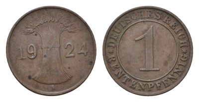Германия 1 рентенпфенниг 1924 A KM 30, J. 306 бронза 4696-557