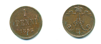 РОССИЯ ДЛЯ ФИНЛЯНДИИ 1 ПЕННИ 1893 АЛЕКСАНДР III KM 10, Биткин 256 медь 4383-153