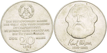 ГДР 20 марок 1983 А, 100 лет со дня смерти Карла Маркса (1818-1883) J. 1592, KM 95 медь никель цинк 4521-515