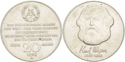 ГДР 20 марок 1983 А, 100 лет со дня смерти Карла Маркса (1818-1883) J. 1592, KM 95 медь никель цинк 4521-515