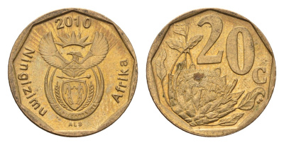 ЮАР 20 центов 2010 герб, цветок протея KM 495 сталь плакированная бронзой UNC 4687-644