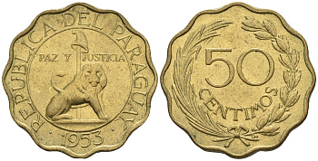 Парагвай 50 сентимо 1953 лев, фригийский колпак на шесте KM 28 алюминиевая бронза  aUNC  4176-1123