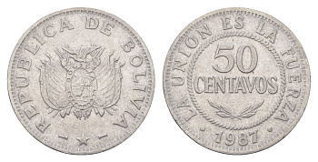 Боливия 50 сентаво 1987 KM 204 нержавеющая сталь 4663-335