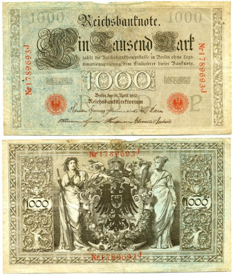 ГЕРМАНИЯ 1000 МАРОК 1910 КРАСНАЯ ПЕЧАТЬ, 7 ЦИФР В НОМЕРЕ Pick 44b бумага 2192-16-2