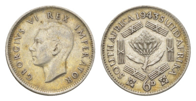 ЮАР 6 пенсов 1943 Георг VI (1936-1952) KM 27 серебро 4623-656