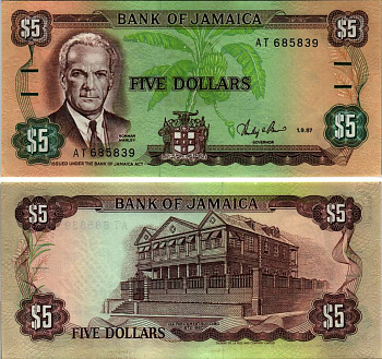 ЯМАЙКА 5 ДОЛЛАРОВ 1987 1 СЕНТЯБРЯ 1987, НОРМАН МЭНЛИ, ПОДПИСЬ 8, TDLR Pick 70b бумага UNC (ПРЕСС) 6299-38-2-1