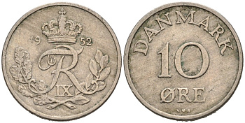 Дания 10 эре 1952 Фредерик IX (1947-1972) KM 841 медно-никель 4564-841