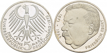 ФРГ 5 марок 1975 J, 50 лет со дня смерти Фридриха Эберта J. 416, KM 141 серебро PROOF 1087-3-14