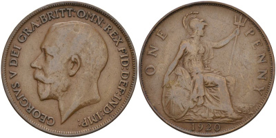Великобритания 1 пенни 1920 Георг V (1910-1936) KM 810, Spink 4051 бронза 4149-724