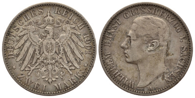 Саксен-Веймар-Эйзенах 2 марки 1901 А, Вильгельм Эрнст (1901-1918) Weege 153, J. 157, KM 170 серебро 00-000-00