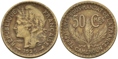Французский Камерун 50 сантимов 1925 (а), монетный двор Париж KM 1 алюминиевая бронза 4164-1222